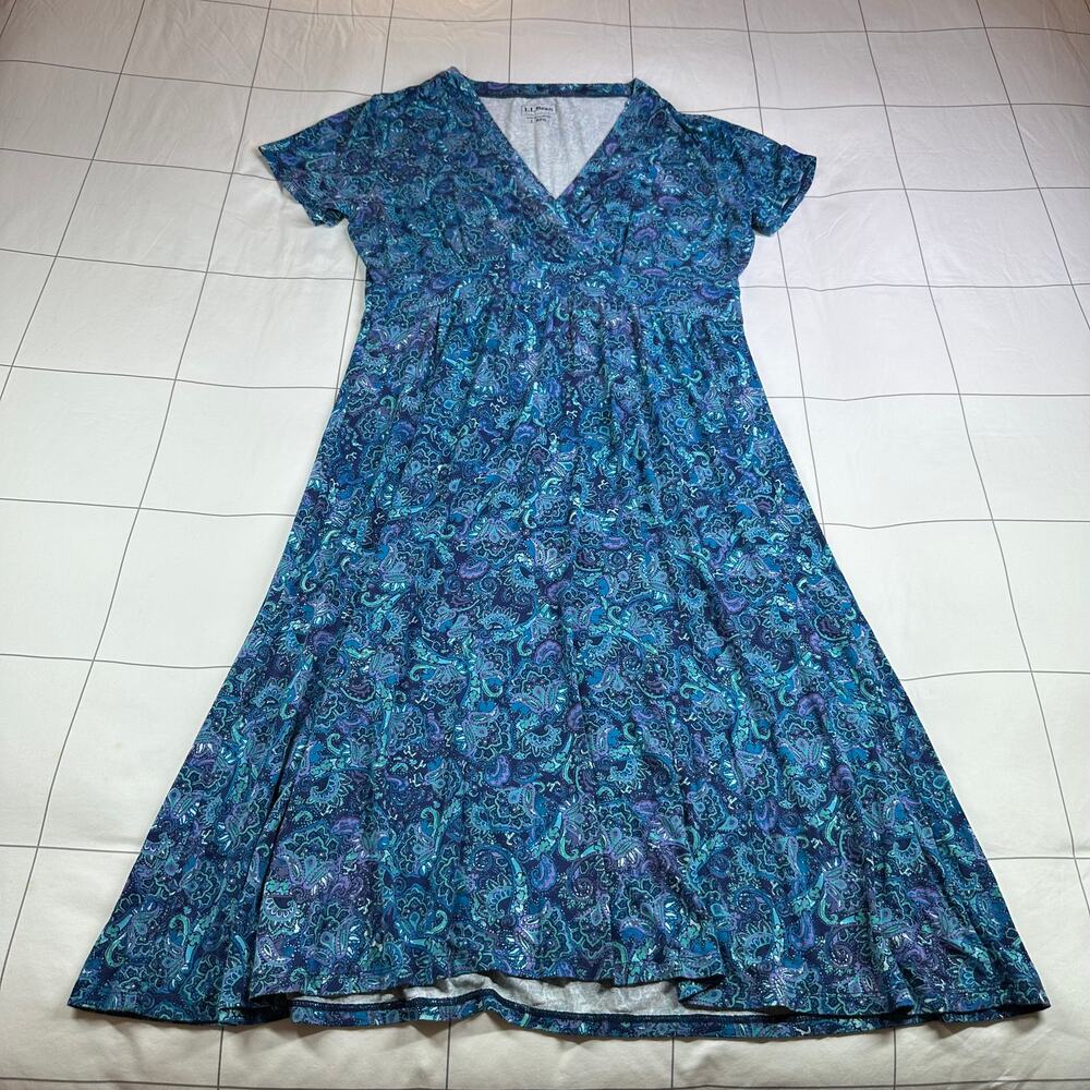 L.L. Bean Dress Womens Large Teal Blue Paisley Summer Knit Short Sleeve V Neck
